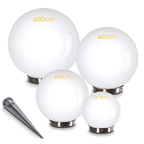 Lámpara solar Nassau, juego de 4 lámparas de bola de plástico blanco, Ø 15, 20, 25 y 30 cm con pica de tierra, con interruptor de encendido/apagado, lámparas solares con interruptor crepuscular