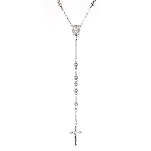 COTTVOTT Stainless Steel 6mm Beads Rosary Catholic Necklace Holy Medal & Crucifix 32inch