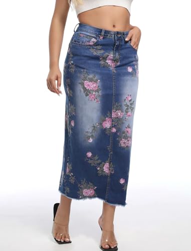 ebossy Women's High Waist Floral Printed Back Slit Frayed Hem Mid Long Bodycon Denim Skirt3