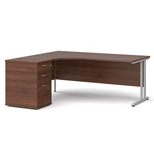 Mr Office Maestro 25 left hand ergonomic desk with silver cantilever frame and desk high pedestal bundle, Walnut, 1800