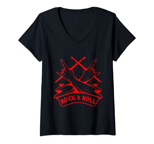 Womens Rock And Roll Drumsticks Musical Band Drumming Drumsticks V-Neck T-Shirt, Black