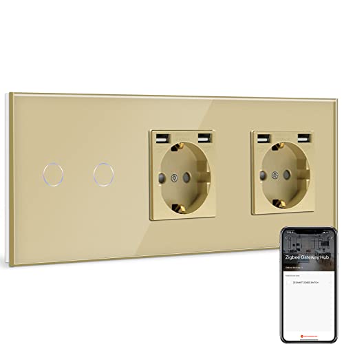 BSEED BSEED Normal Power Strip with Smart ZigBee Light Switch, Works with Alexa, Google Home, 2 Fold 1 Way Smart Light Switch with Dual USB Power Strip (Max 2.1A) Gold (Tuya Hub Required)