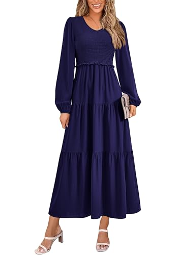 Image of PRETTYGARDEN Fall Dresses for Women 2025 Casual Long Sleeve V Neck Smocked A Line Long Flowy Wedding Guest Dress (Navy,Medium)