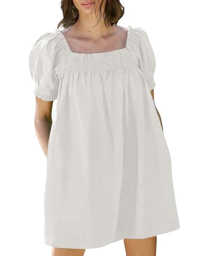 Image of Huaqiao Womens Summer Mini Dress 2026 A-Line Square Neck Puff Sleeve Beach Sundress Casual Short Dress with Pockets