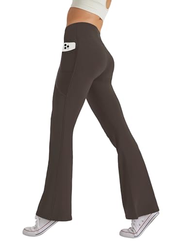 Glacspyg Damen Hose mit Taschen Yogahose Freizeit Jogginghose High Waist Sporthose Elastische Weite Bootcut Jazzpants Braun L
