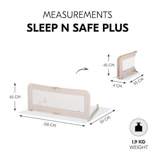 hauck Bettschutzgitter Sleep N Safe Plus für Kinder 18 Monate bis 5 Jahre, Rausfallschutz Bett für Kinder im Elternbett, 108 x 50 x 44 cm, Faltbar, Tragbar, Bettgitter für Kleinkinder (Beige)