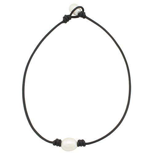 One Pearl Black Leather Necklace - Leather Wrap Around Costume Rope Choker Necklace With 2.0mm Black Genuine Leather Cord and AA Grade White 12mm Rice Pearl Necklace Jewelry 14 Inch