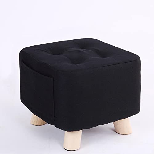 Taburete otomano de lino para sala de estar y dormitorio, taburete pequeño cuadrado en color negro, 28 x 28 x 25 cm