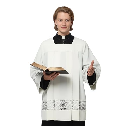 ANDHOM Catholic Premium - Conjunto de chaleco de clero elegante sobrepelliz blanco con detalles de encaje plisado, Blanco, 3XL/grande