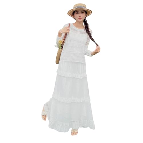 Robe maxi blanche en crochet ajouré style ethnique idéale pour vos soirées plage