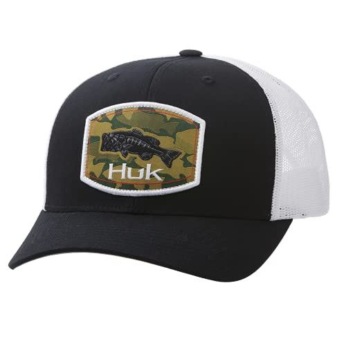 HUK Men s Trucker Anti-Glare Fishing Snapback Hat, Camo Bass-Black, 1