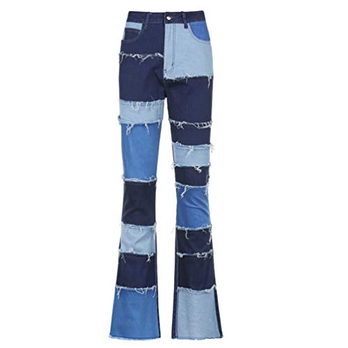 Calça jeans feminina de cintura alta SOIMISS com aplique flare e cintura alta com calça de sino, Azu