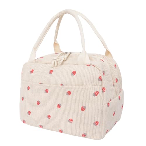 HonorHut Insulated Lunch Bag Women Cooler Tote Bag for Lunch Storage Kids Corduroy with Large Capacity Leakproof Reusable Easy to Clean for Picnic Travel Work Office (Beige Strawberry)