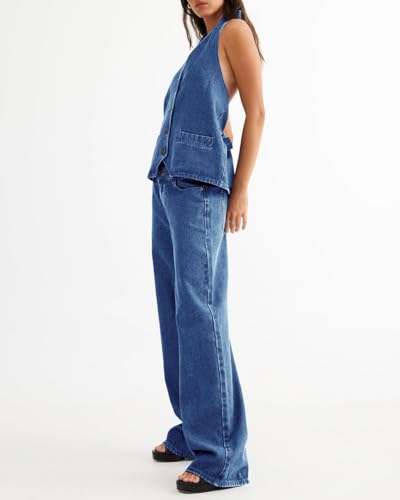 Fisoew Women's Two Piece Denim Set Button Down Backless Tank Top and Wide Leg Jeans 2 Piece Outfit Suits3