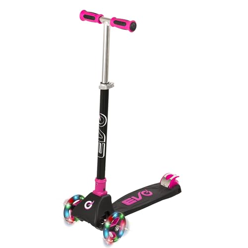 EVO Patinete Cruiser iluminado con ruedas iluminadas para niños | Scooter plegable para niños con asas de altura ajustable | Scooter de 3 ruedas para niños de 5 a 12 años (rosa)