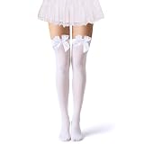 Parma77 Women's Satin Bow Stockings, Thigh High Stockings with Bows Over The Knee Socks, Thigh High Over Knee Stocking (White bow)