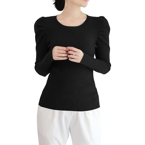 Qin Derdom Maglione a Maniche a Sbuffo da Donna - Pullover a Coste a Maniche Lunghe Slim Fit con Scollo Rotondo, Elegante Camicia in Maglia Tinta Unita