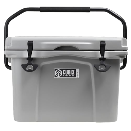 Viva 25QT Portable Rotomolded Hard cooler, Heavy Duty Cooler Ice Chest Holds up to 30 Cans, Insulated Cooler, 5-day Cold Retention, Built-in Cup Holders for Travel, Beach, Camping, Fishing, Grey