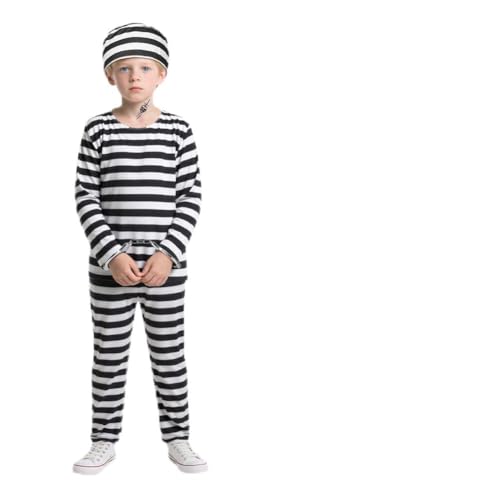 BSBUY Kinder Kostüm Häftling Set 5Pcs Gefängniskostüm Uniform Jungen mit Sträfling Oberteil Verbrecher Hose Knast Hut...