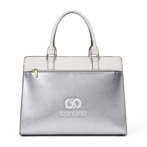 Pasta Executiva Feminina Office Branco e Pranta PU Santino Elegante com Bolso Frontal, Porta Notebook, Alça de Mão e Alça Transversal Removível - HYP001U