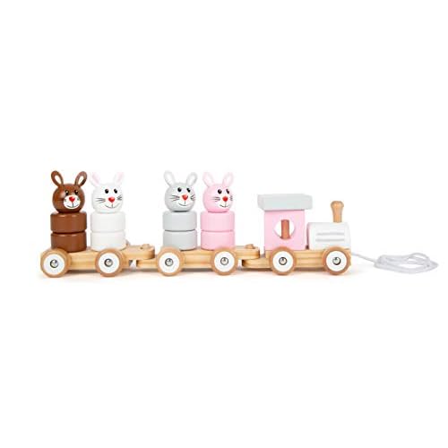 Small Foot 11719 Nachziehzug Hasenfamilie aus Holz, Steckspiel, Nachziehspielzeug und Stapelturm in einem, ab 12 Monaten