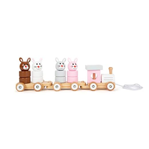 Small Foot 11719 Nachziehzug Hasenfamilie aus Holz, Steckspiel, Nachziehspielzeug und Stapelturm in einem, ab 12 Monaten