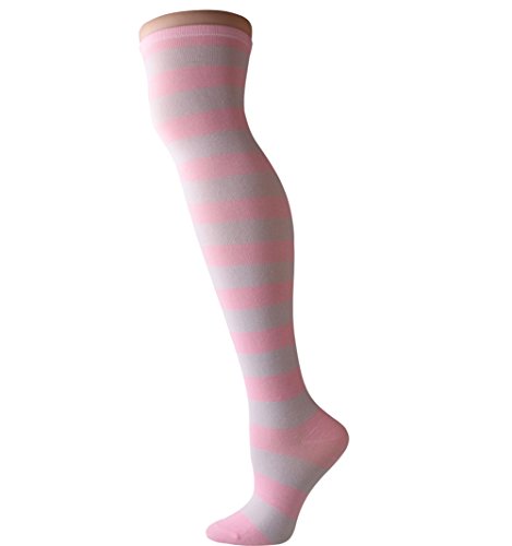 Womens Lolita Cosplay Sailor Striped Thigh High Over Knee Stocking Socks (White&Pink Wide Stripe) YSW02E