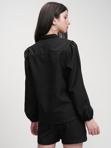 Image of Tokyo Talkies Elegant Bishop Sleeve Shirt & Shorts Co-ord Set | Chic & Effortless | Perfect for Casual & Semi-Formal Looks | Women Co-Ord Set | Co ord set for women