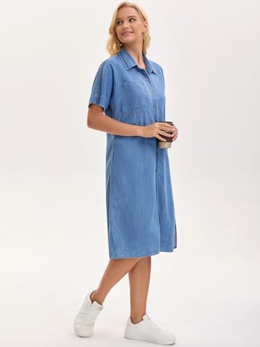 Image of Women's Midi Denim Dress Summer Short Sleeve Button Down Casual Loose Long Tunic Jean Shirt Dress