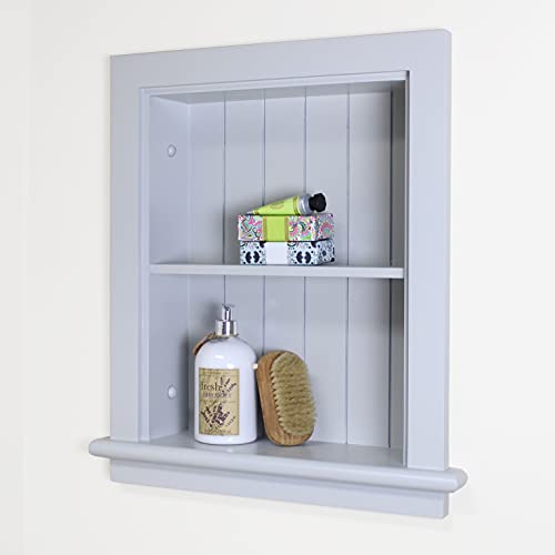 Image of 14x18 Aiden Recessed Wall Niche Medicine Cabinet Replacement, in The Wall Bathroom Cabinet Insert Shelf /Shelves, Made in North America, Real Wood, NO MDF, Beadboard, Light Gray