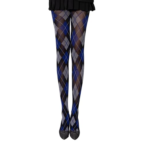 ZIDDAR Collant élégant à carreaux de couleur contrastée - Collants opaques extensibles avec taille haute élastique - Vêtement confortable pour femme - Mélange de nylon, bleu/gris, taille unique