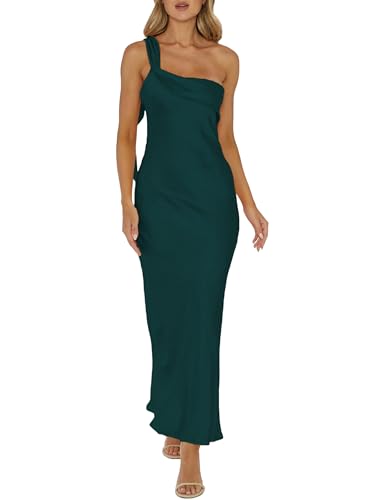 Image of 2026 Satin One Shoulder Maxi Dress for Women Summer Silk Formal Elegant Backless Ruffle Sleeveless Wedding Guest Dresses