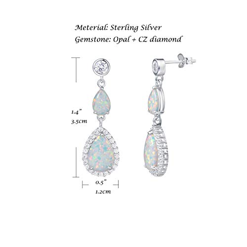 Fancime Created Opal Earrings Sterling Silver 2 Stones White Fire Opal Halo Cubic Zirconia Water Drop Pear Shape Teardrop Hook Earrings October Birthstone Jewelry For Women #TOP2