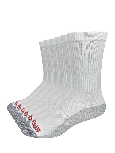 Rocky Mens Cotton Comfort Seamless Toe Cushion Crew Socks 6 Pair Pack (US, Alpha, Large, Regular, Regular, White)