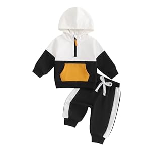 Pivanzore Baby Boys Pants Set Infant Hooded Sweatshirt Top Contrast Colors Elastic Waist Pants 2Pcs Outfits Fall Winter Suit