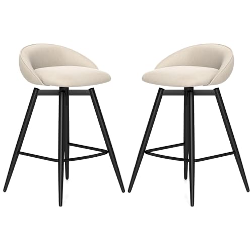 COSTWAY Set de 2 Butacos Tapizados para Barra con Altura de 25", Giratorios 360° con Respaldo y Reposa pies, Estructura Metálica Robusta, Sillas de Desayuno sin Brazos Beige miniatura 1