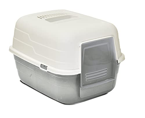 GREATAIGOO Arenero Grande de Plástico Resistente con Cubierta de Tapa Abatible,Arenero para Gatos Blanco Gris Oscuro Plástico, (Gris)