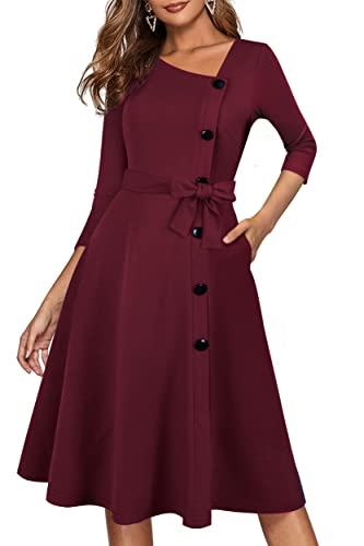 HOMEYEE Vestidos Elegantes de Manga 3/4 con Cuello en V para Mujer para Boda Vestido de Cóctel de Fiesta Vintage hasta la Rodilla con Bolsillos A250 (M, Rojo Oscuro)
