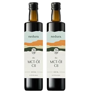 nedura® BIO MCT-Öl C8 - aus 100% BIO-Kokosöl - exogene Ketone - In eigener Deutscher Manufaktur abgefüllt - Hochwertig, rein, vegan und geschmacksneutral - 2x 500ml Glasflasche