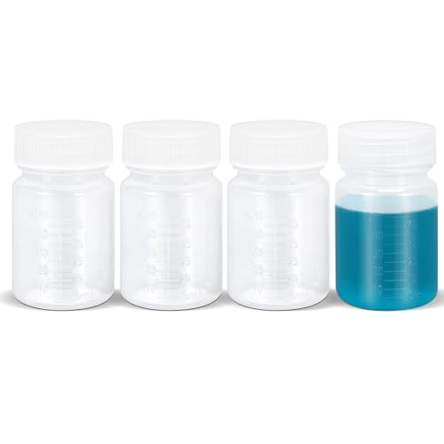 UMETASS 1.7oz/50ml Squeeze Bottles Wide Mouth Plastic Bottles with Lids, Graduated Food Grade PP Sample Containers for Water Sample Lab Reagent Pill Liquid Medicine Storage (Clear, 4 Pcs)