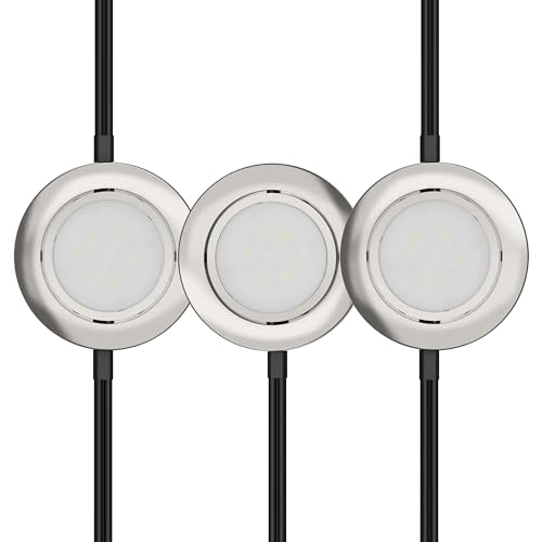 Getinlight LED Puck Lights 3-Pack, 2.75" Metal Housing, Wall-Dimmer Compatible, 2700K Warm White, Brushed Nickel Finish, Plug-in or Hardwired, ETL Listed, IN-0107-3-SN