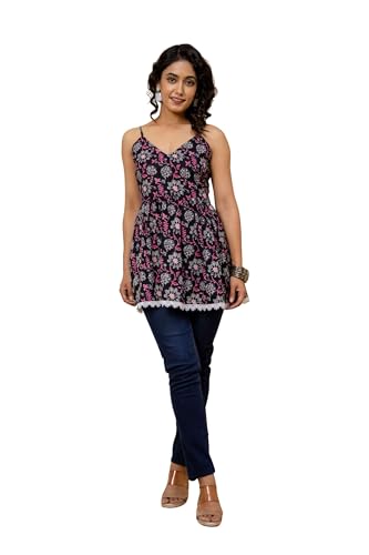 Image of Women's Printed Halter Neck Kurti Top | Sleeveless V-Neck Short Tunic with Back Tie-Up | Casual Ethnic & Summer Wear
