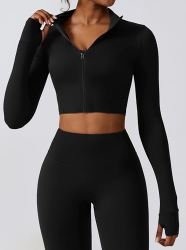 Yknktstc Womens Full Zip Athletic Jacket with Thumbhole Long Sleeve Crop Top Running Workout Yoga Sportswear Shirt3