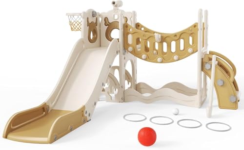 Tobogán infantil grande con canasta de baloncesto, estructura de escalada para jardín, telescópico, espacio de almacenamiento (versión activa seis en uno de alce caqui)