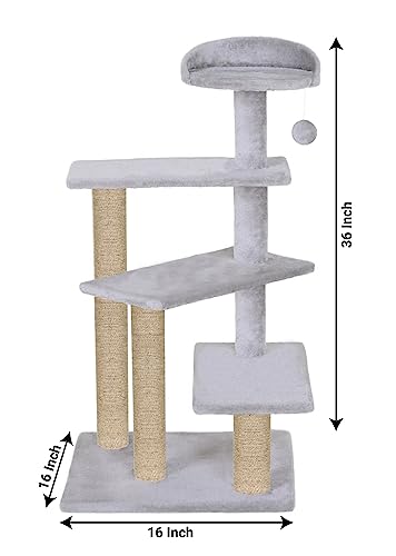 Image of Cat Tree Tower, Multi-Level, Grey, Sisal Scratching Posts, 36 Inch Height, with Perch and Hanging Toy (FURR-40) (Grey)
