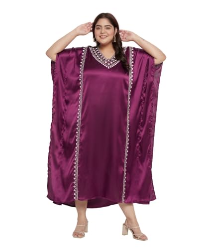 Image of Gypsie Blu Women Long Kaftan Plus Size Satin Soft Embroidery Swimsuit Cover Up Embroidered Work Caftan Gown Dress for Ladies