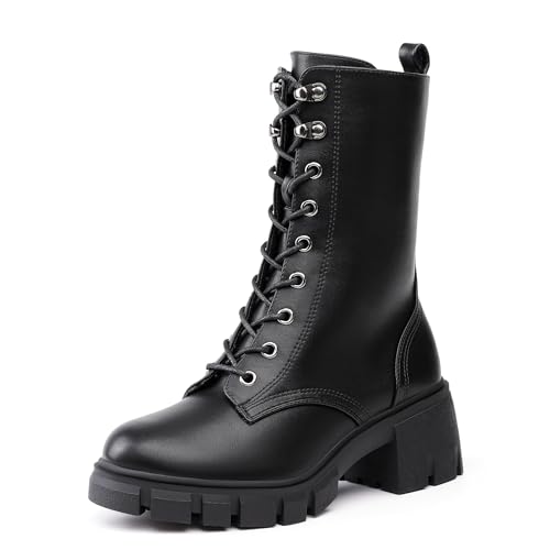 IDIFU IN3 Platform Combat Boots for Women Mid Calf Lace Up Boots Lug Sole Low Chunky Block Heel Boots Closed Round Toe Side Zipper Booties Fashion Thick Fall Heeled Boots-LOOSEN ALL LACES FIRSTLY