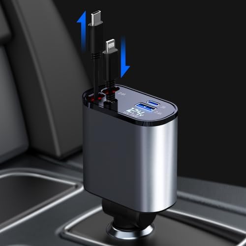SPGUARD Retractable Car Charger, 66W Fast Car Phone Charge Type C, Retractable Cables and 2 USB