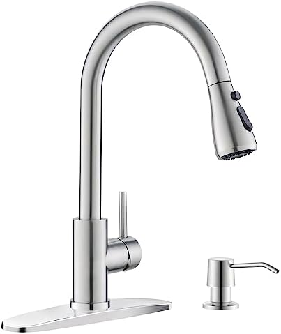 DAYONE Brushed Nickel Kitchen Faucet with Pull Down Sprayer and Soap Dispenser, 3 Modes High Arc Single Handle Sink Faucet with Deck Plae for Kitchen, DAY-257BN