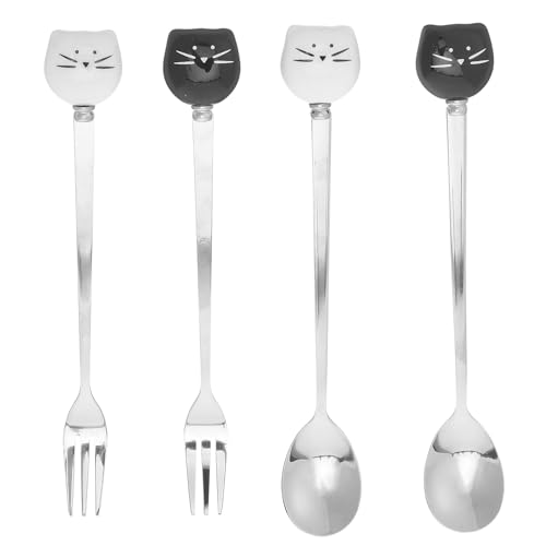 minkissy 猫用スプーンとフォーク4本セット:サラダ用セラミックステンレススチール猫用フォーク - ヨーグルト、ケーキ、紅茶、砂糖、デザート、アイスクリームをかき混ぜるための素敵なフルーツスプーン